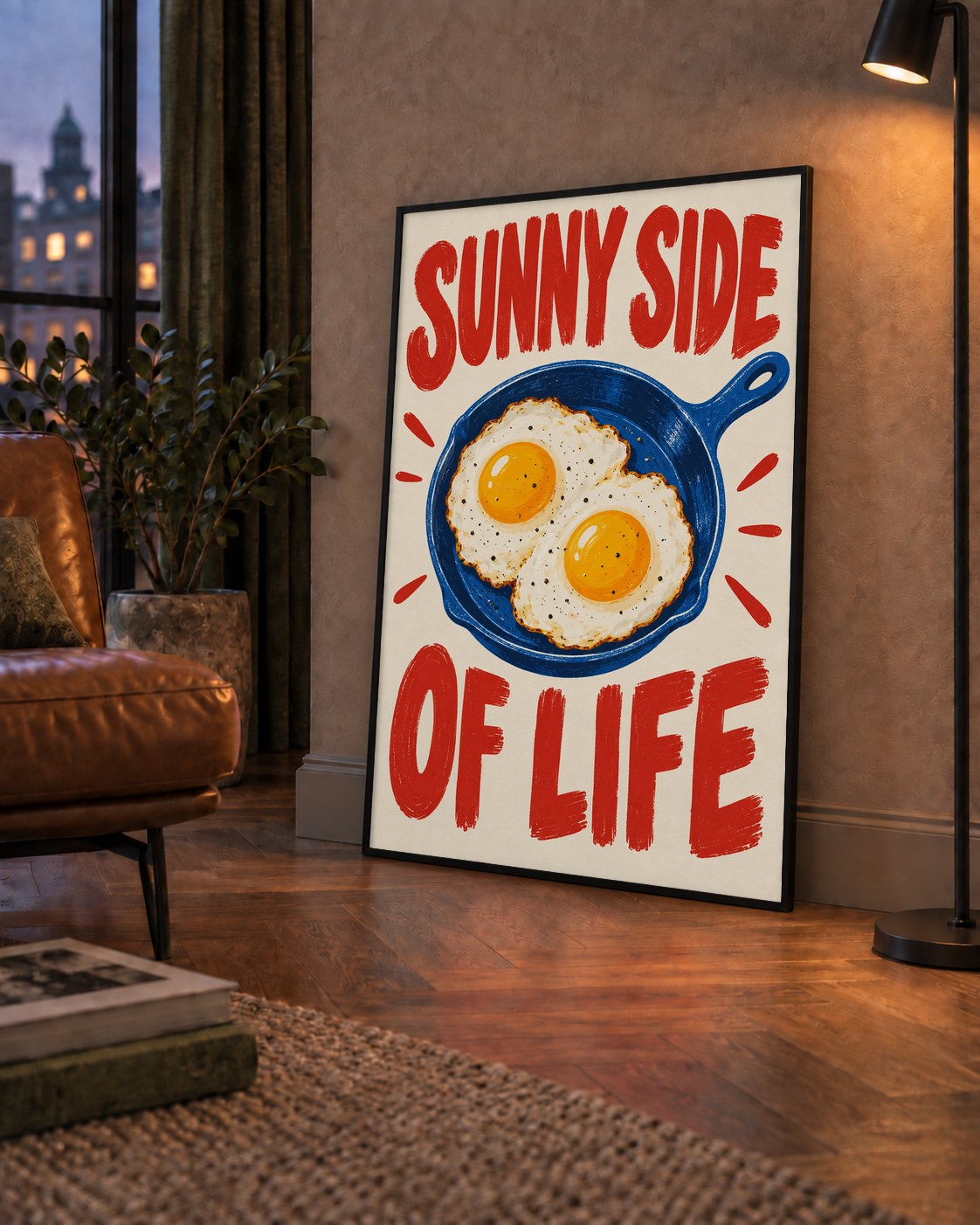 Sunny Side of Life Yumurtalı Mavi Tava Poster — çerçeveli hâliyle bir ev duvarında