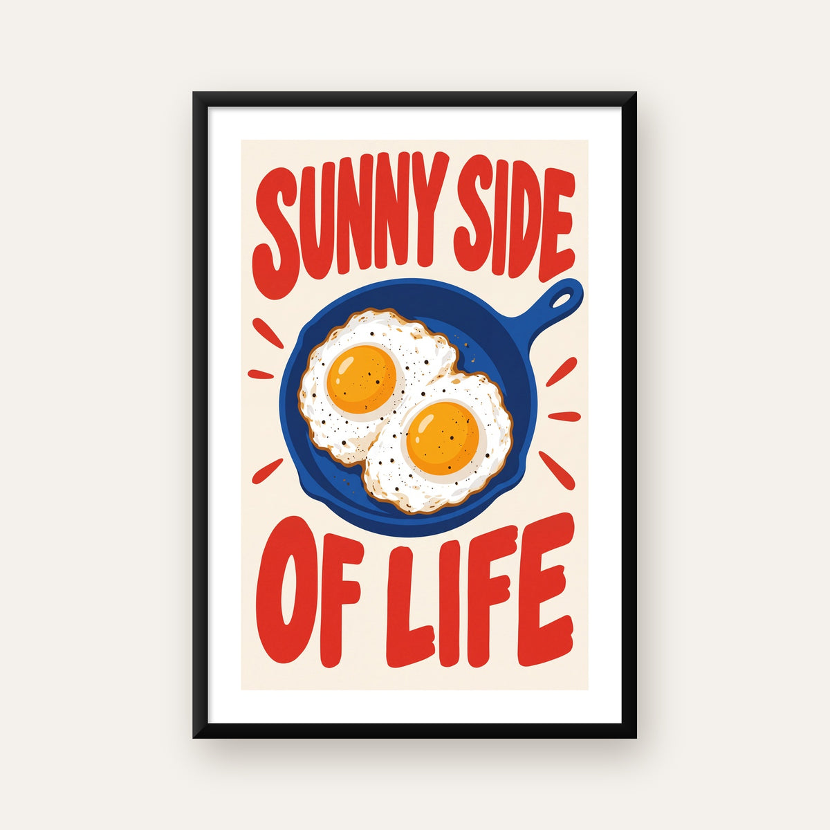 Sunny Side of Life Yumurtalı Mavi Tava Poster — beyaz paspartulu, düz siyah çerçeveli