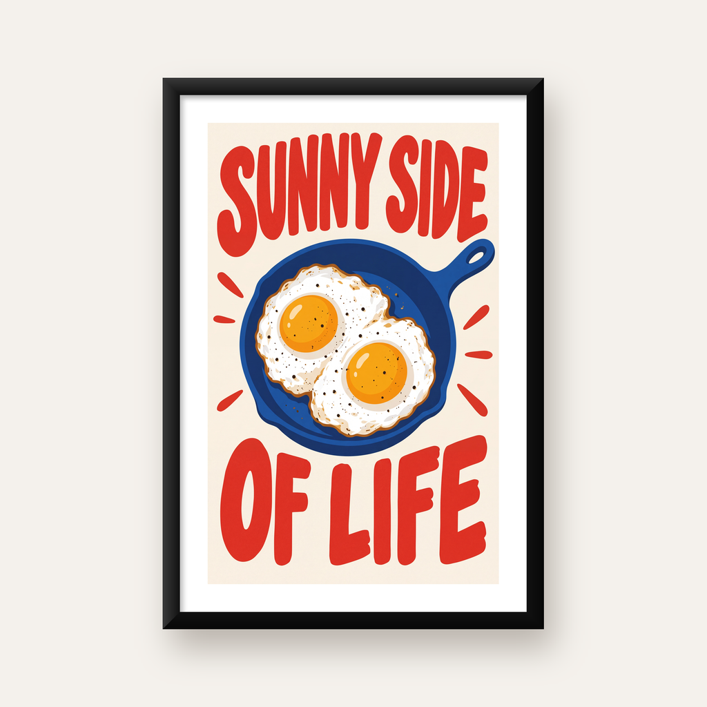 Sunny Side of Life Yumurtalı Mavi Tava Poster — beyaz paspartulu, düz siyah çerçeveli