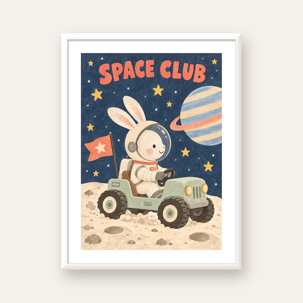 Uzayda Tavşan ve Çocuk Arabası Pastel Poster — beyaz çerçeveli dikey poster