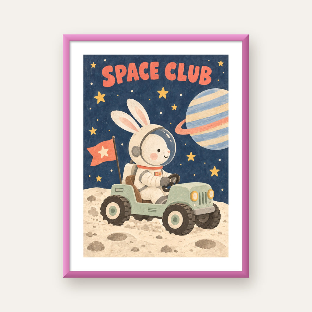 Uzayda Tavşan ve Çocuk Arabası Pastel Poster — pembe çerçeveli paspartulu