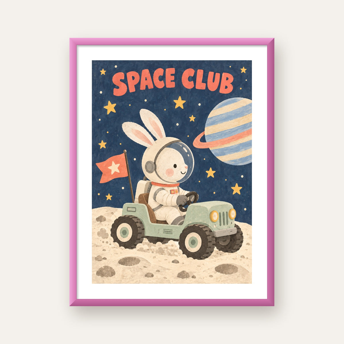Uzayda Tavşan ve Çocuk Arabası Pastel Poster — pembe çerçeveli paspartulu