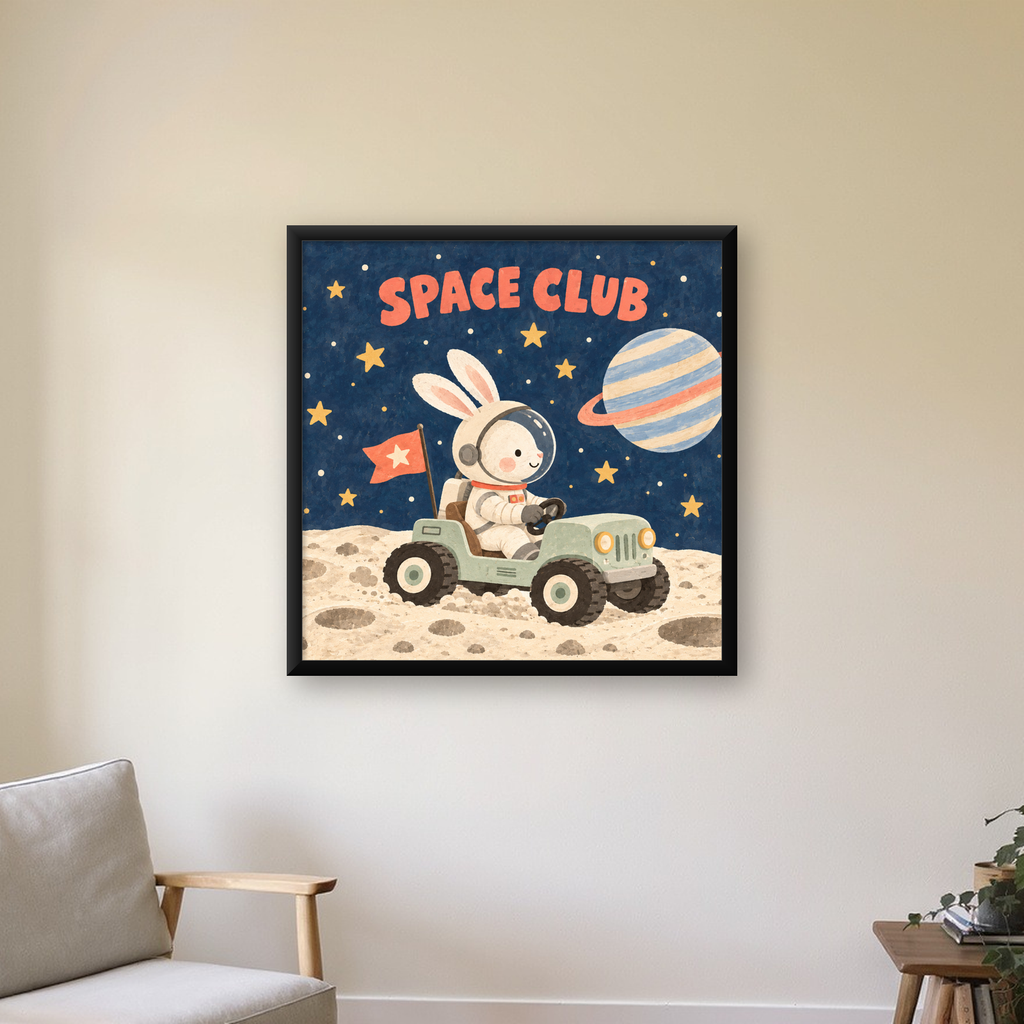 Uzayda Tavşan ve Çocuk Arabası Pastel Poster — Kare baskı, çerçeveli hâliyle bir ev duvarında