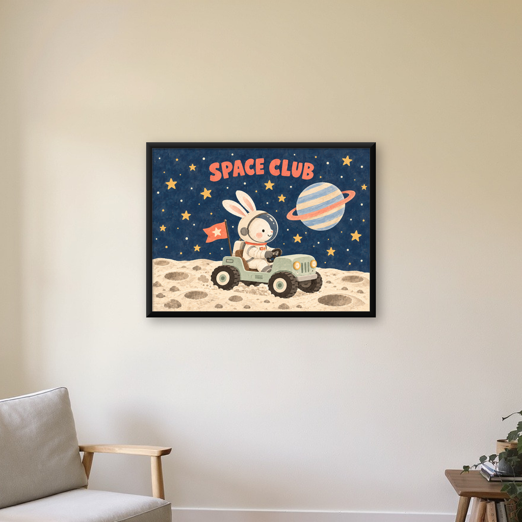 Uzayda Tavşan ve Çocuk Arabası Pastel Poster — Yatay baskı, çerçeveli hâliyle bir ev duvarında