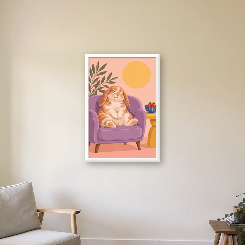 Rahat Tavşan: Pastel Renkli Huzur ve Neşe Poster Tasarımı — beyaz çerçeveli dikey poster