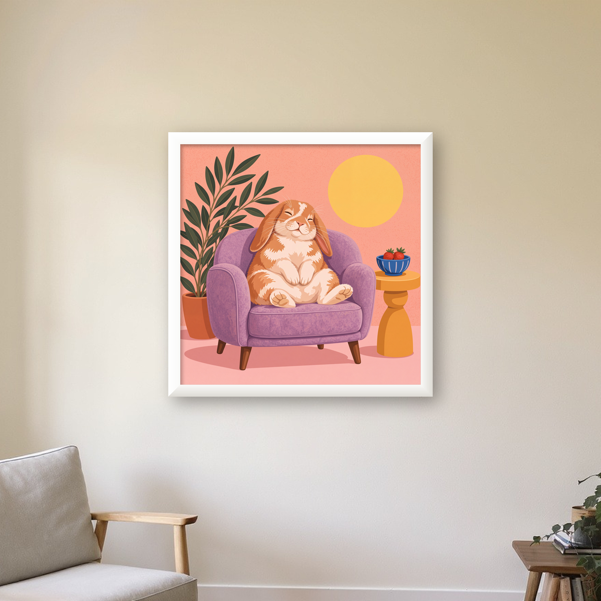 Rahat Tavşan: Pastel Renkli Huzur ve Neşe Poster Tasarımı — beyaz çerçeveli kare poster