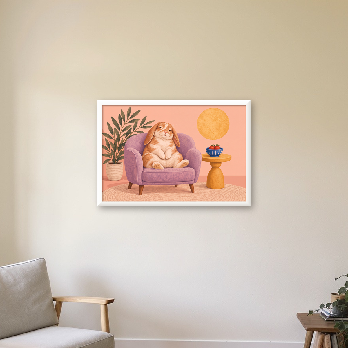 Rahat Tavşan: Pastel Renkli Huzur ve Neşe Poster Tasarımı — beyaz çerçeveli yatay poster