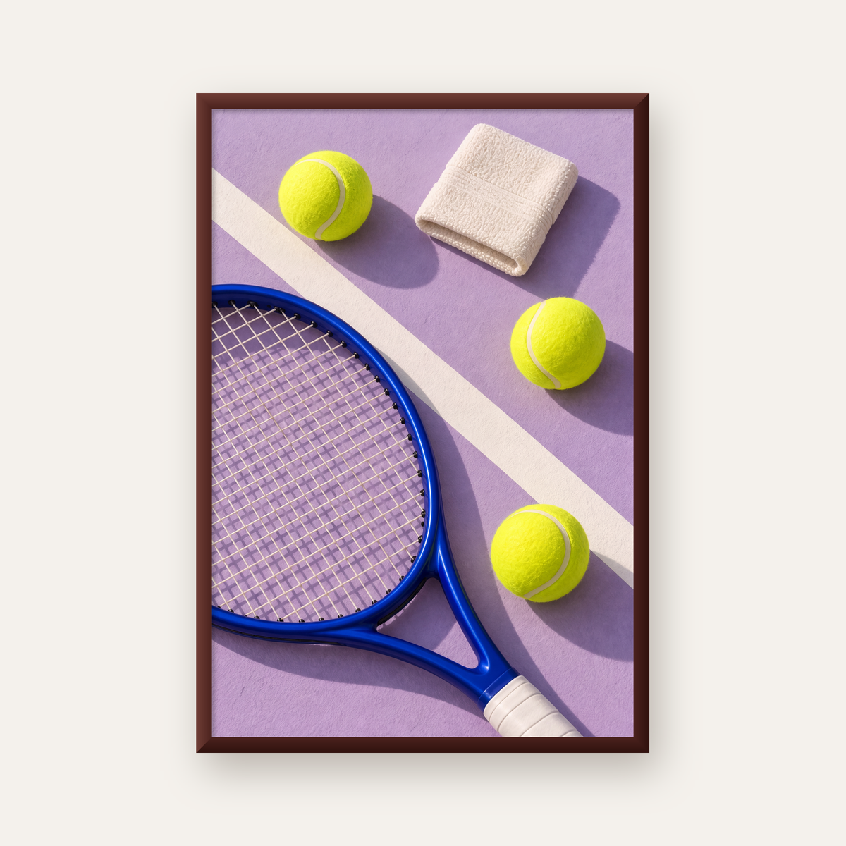 Minimalist Tenis Ekipmanları Poster – Mor ve Mavi Kompozisyon — ceviz çerçeveli