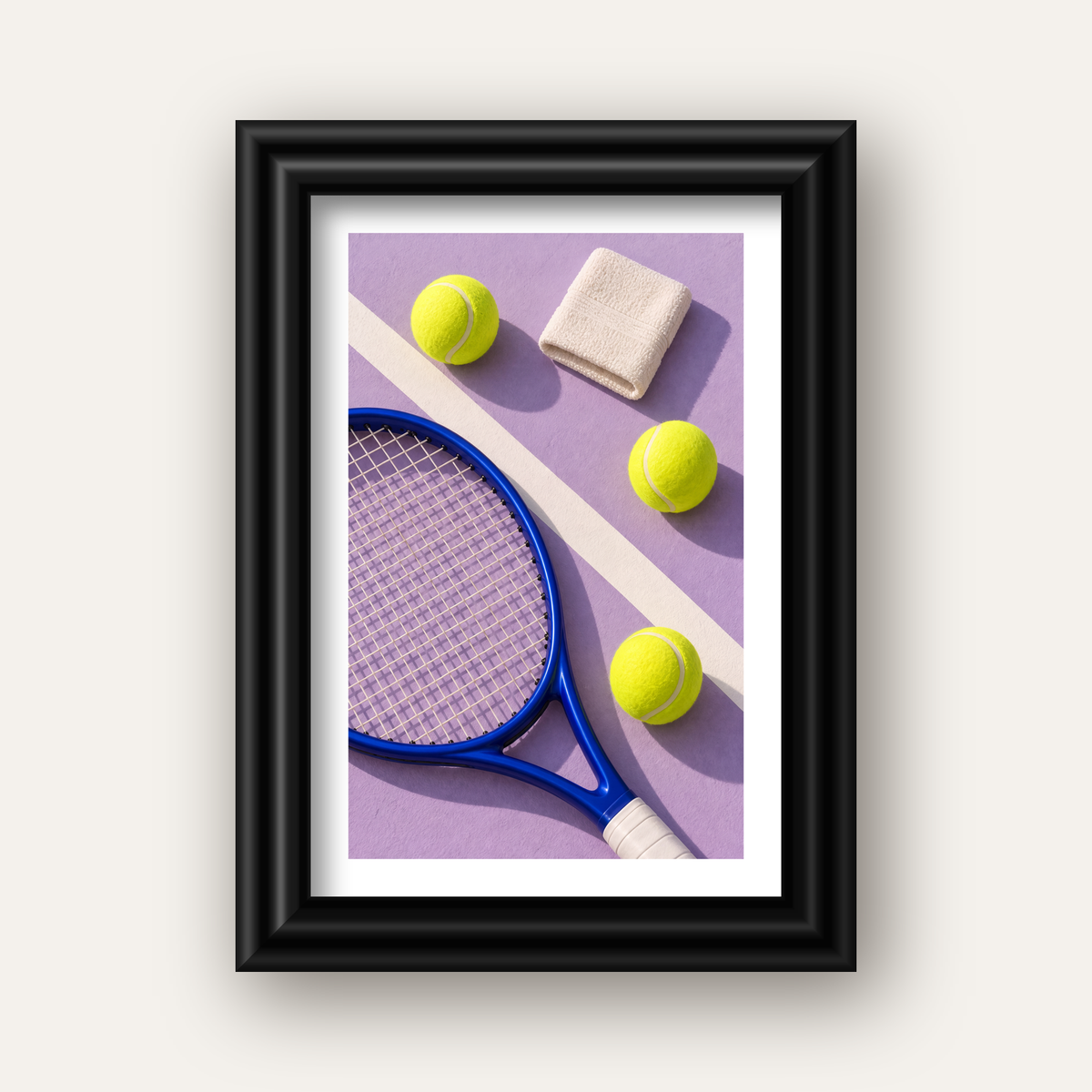 Minimalist Tenis Ekipmanları Poster – Mor ve Mavi Kompozisyon — siyah galeri çerçeveli paspartulu