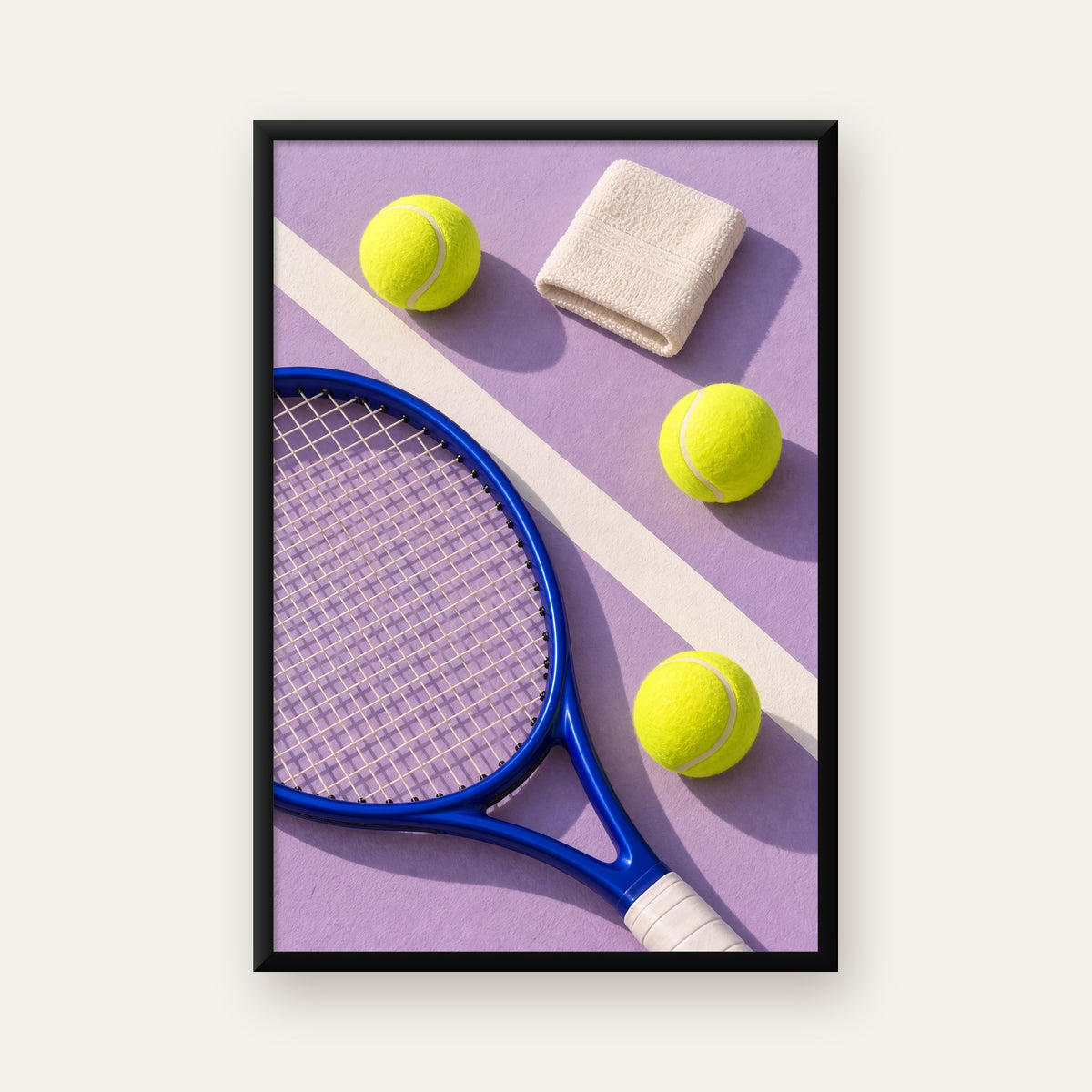 Minimalist Tenis Ekipmanları Poster – Mor ve Mavi Kompozisyon — ceviz çerçeveli