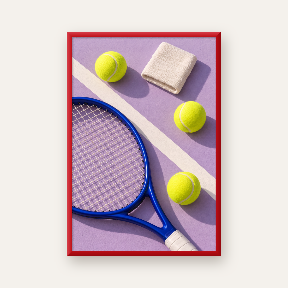 Minimalist Tenis Ekipmanları Poster – Mor ve Mavi Kompozisyon — kırmızı çerçeveli