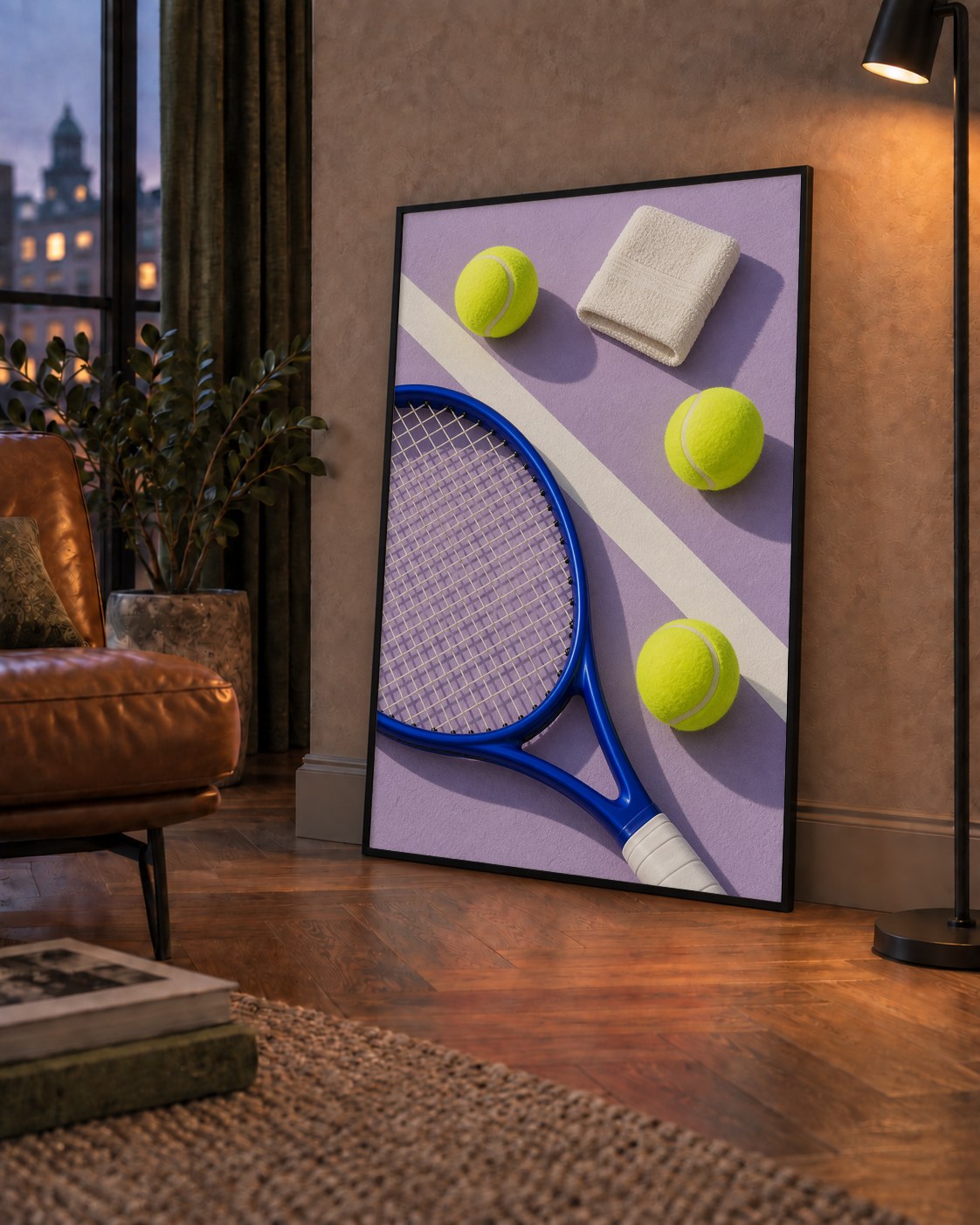 Minimalist Tenis Ekipmanları Poster – Mor ve Mavi Kompozisyon — çerçeveli hâliyle bir ev duvarında