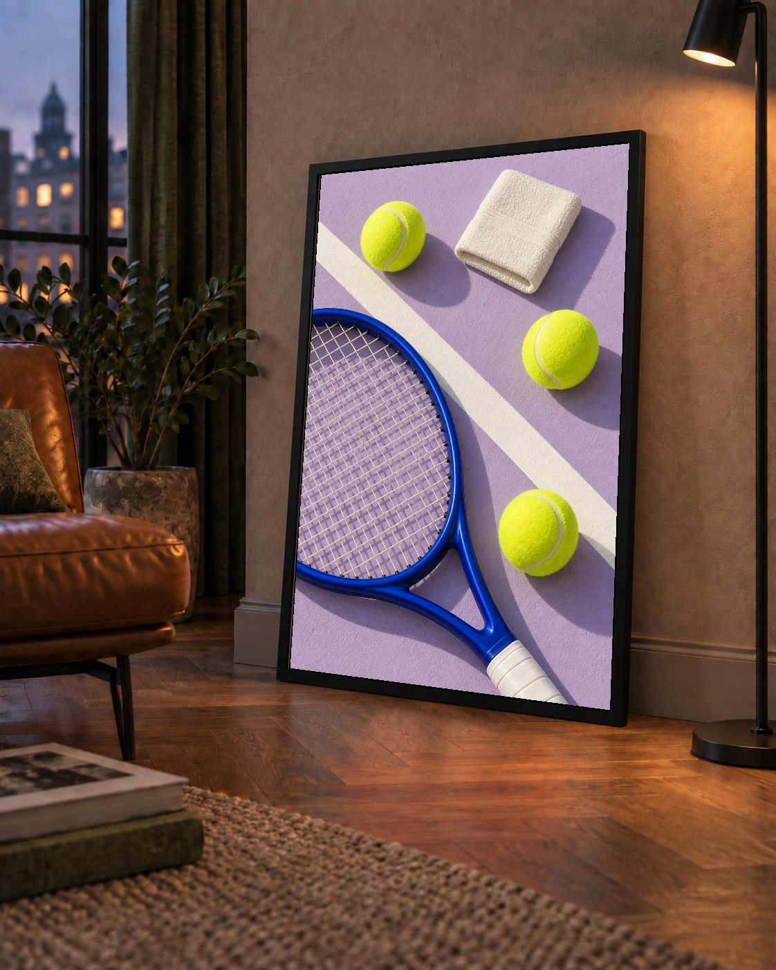 Minimalist Tenis Ekipmanları Poster – Mor ve Mavi Kompozisyon