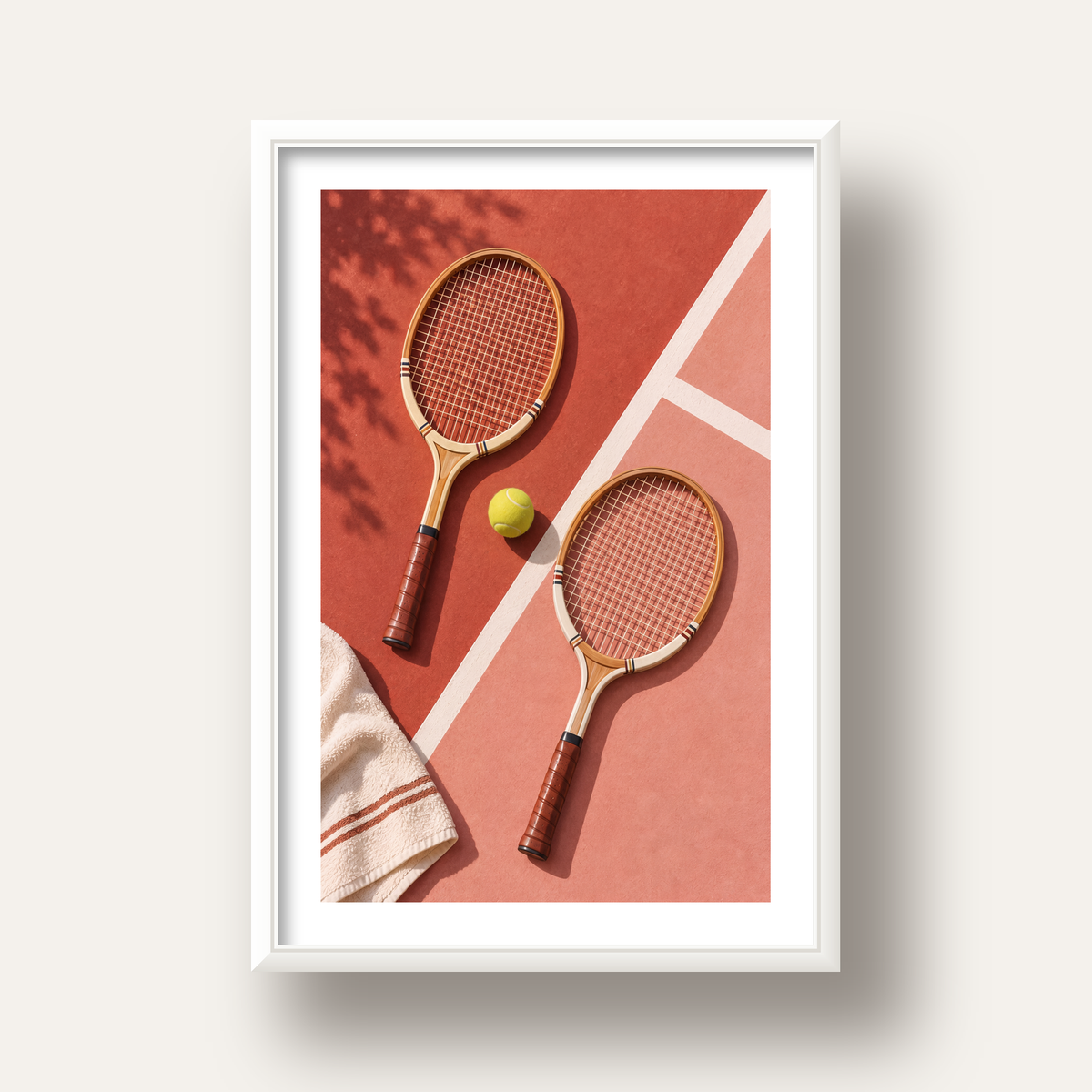 Klasik Tenis Ruhu: Ahşap Raketli Minimalist Spor Posteri — beyaz derin çerçeveli paspartulu