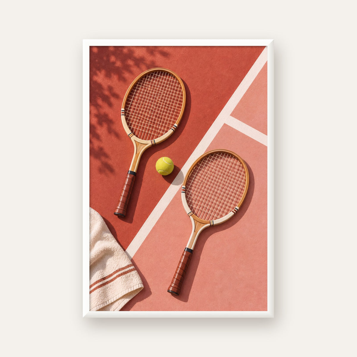 Klasik Tenis Ruhu: Ahşap Raketli Minimalist Spor Posteri — beyaz çerçeveli dikey poster