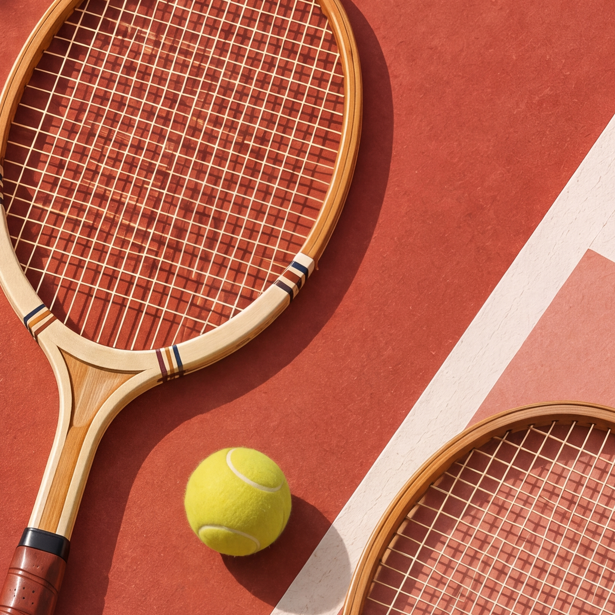 Klasik Tenis Ruhu: Ahşap Raketli Minimalist Spor Posteri — baskının yakın çekimi, kâğıt dokusu ve renk detayı