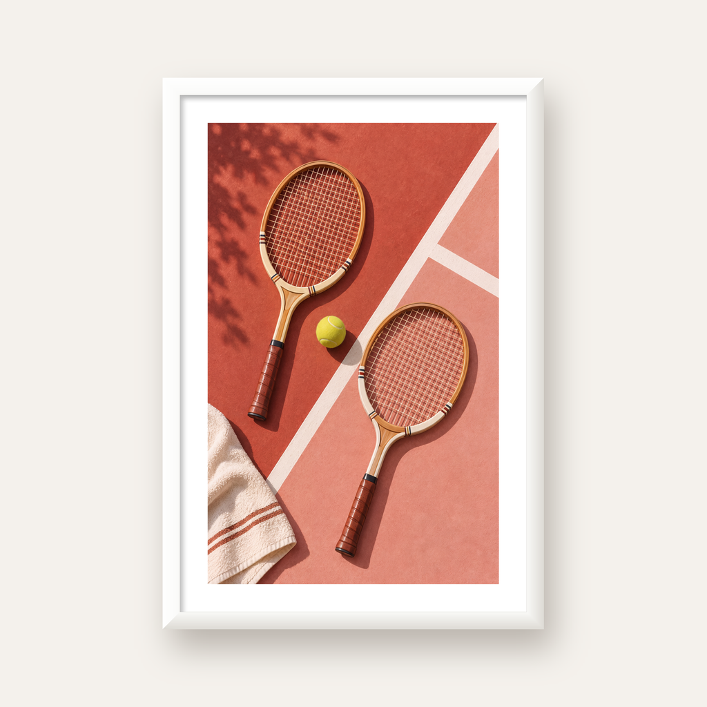 Klasik Tenis Ruhu: Ahşap Raketli Minimalist Spor Posteri — beyaz çerçeveli dikey poster
