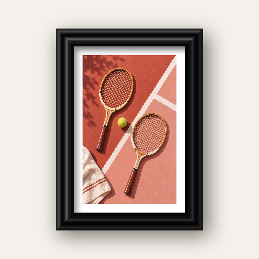 Klasik Tenis Ruhu: Ahşap Raketli Minimalist Spor Posteri — siyah galeri çerçeveli paspartulu