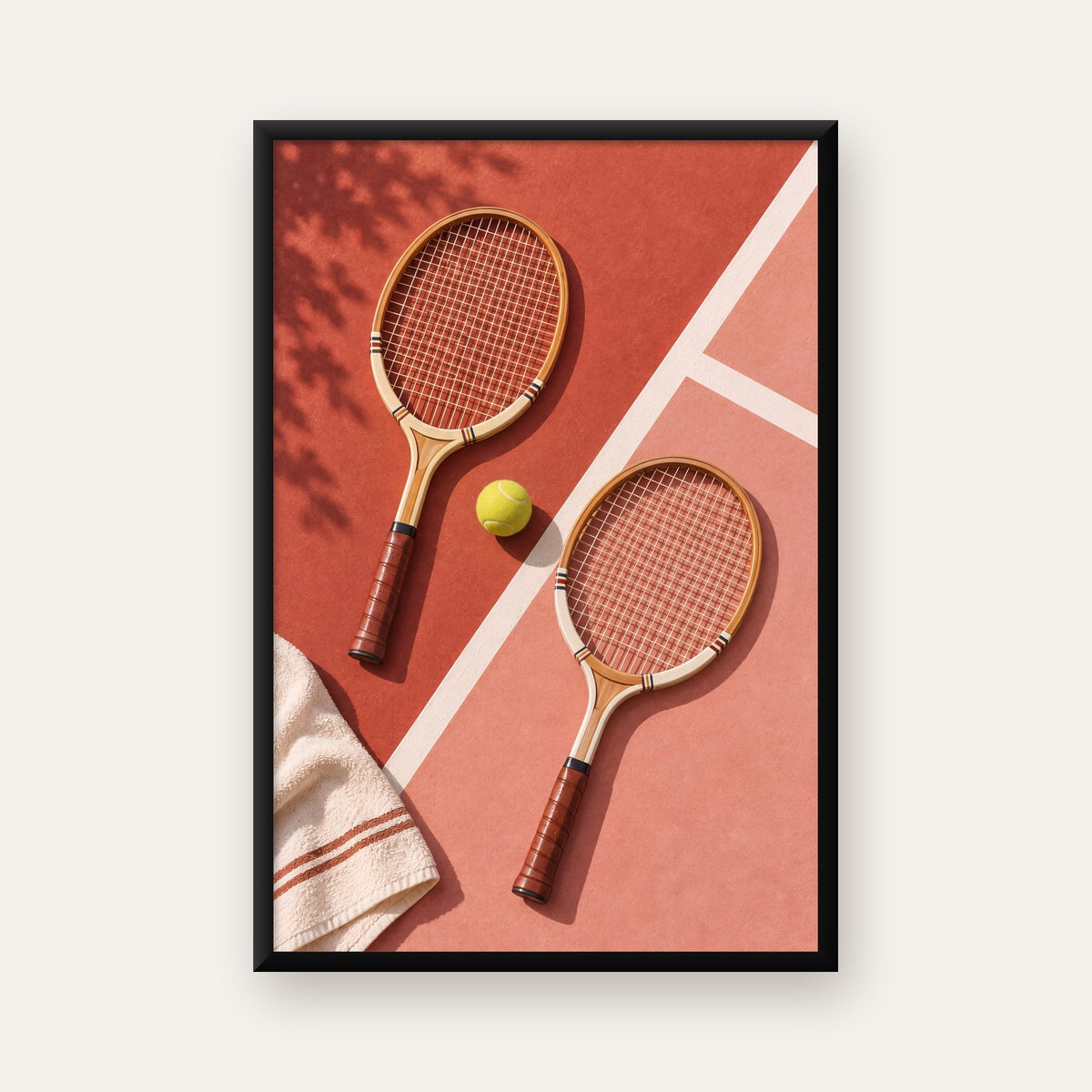 Klasik Tenis Ruhu: Ahşap Raketli Minimalist Spor Posteri — ceviz çerçeveli