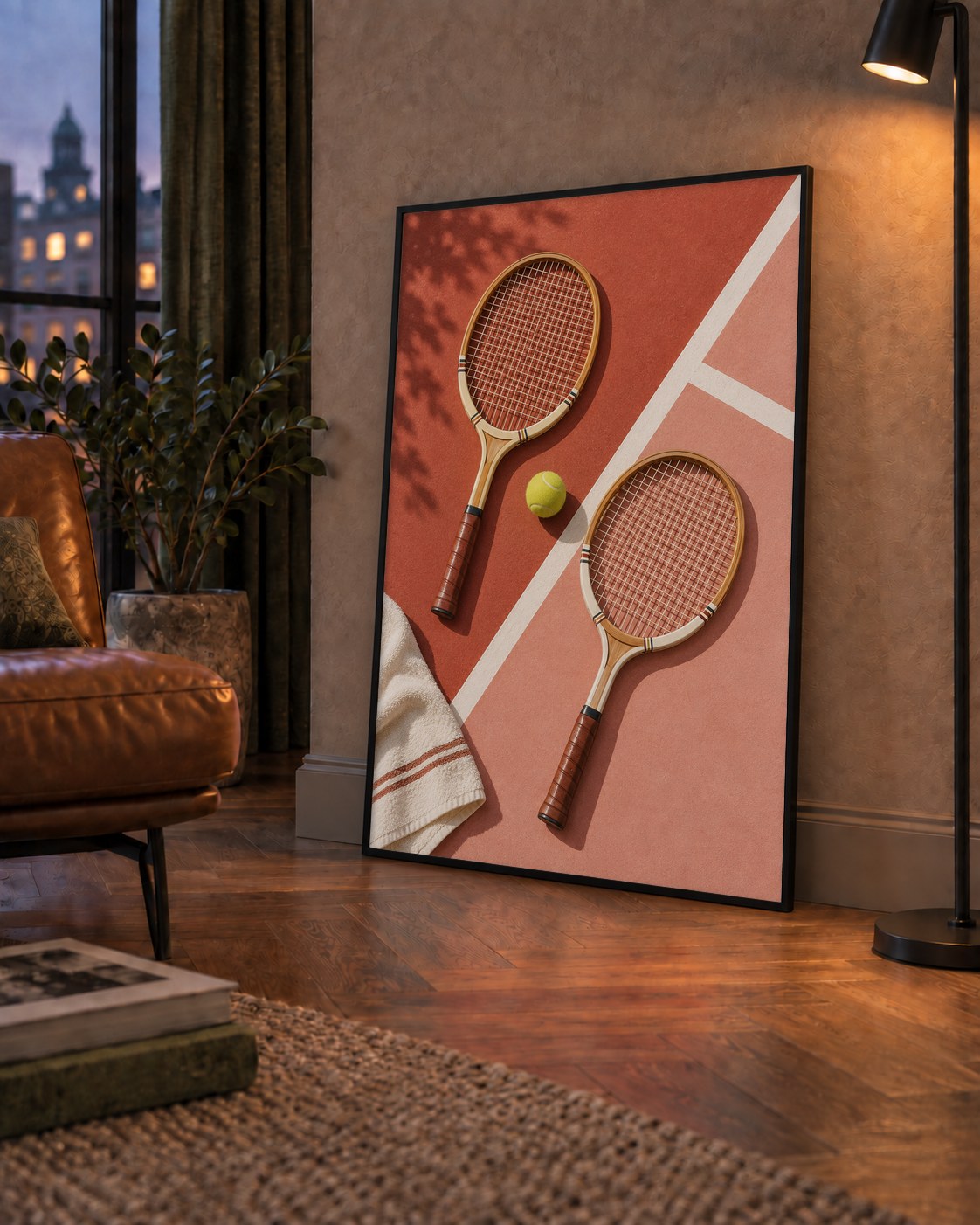 Klasik Tenis Ruhu: Ahşap Raketli Minimalist Spor Posteri — çerçeveli hâliyle bir ev duvarında