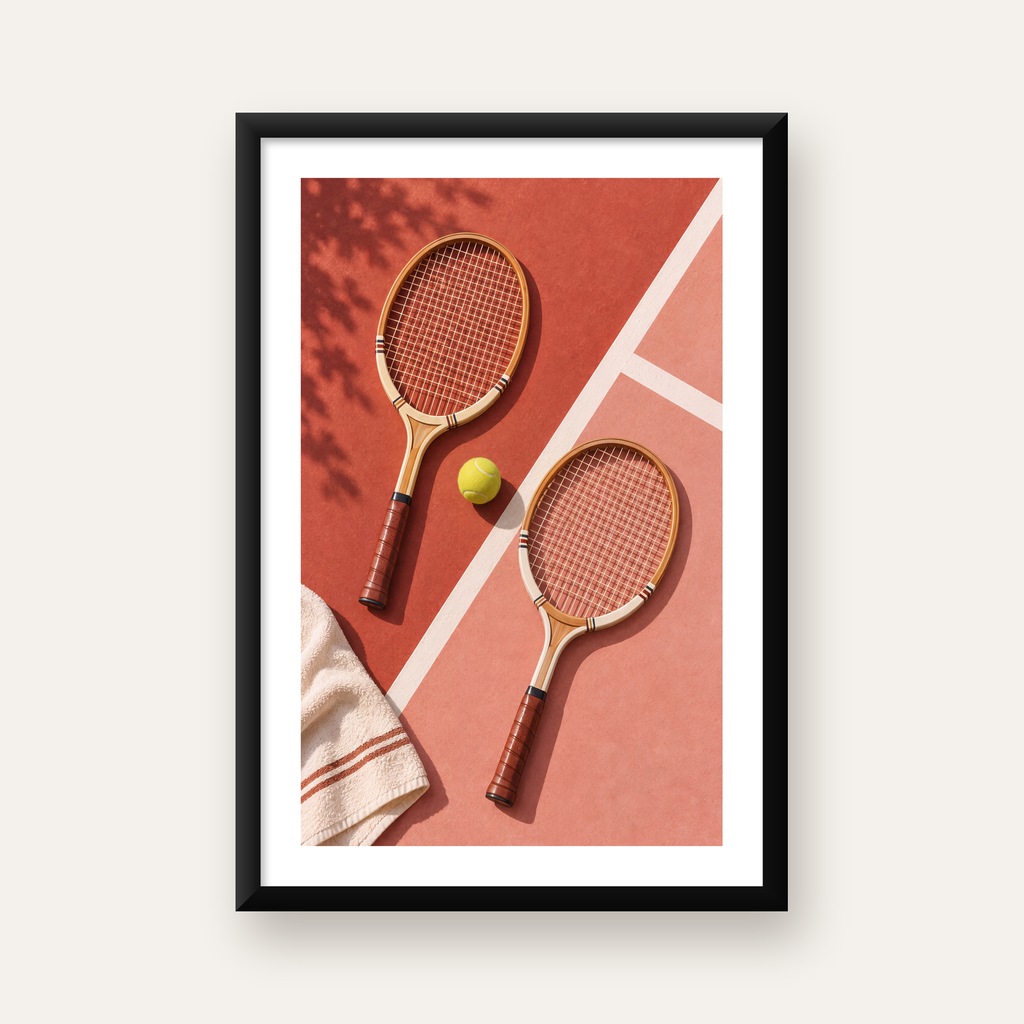 Klasik Tenis Ruhu: Ahşap Raketli Minimalist Spor Posteri — beyaz paspartulu, düz siyah çerçeveli