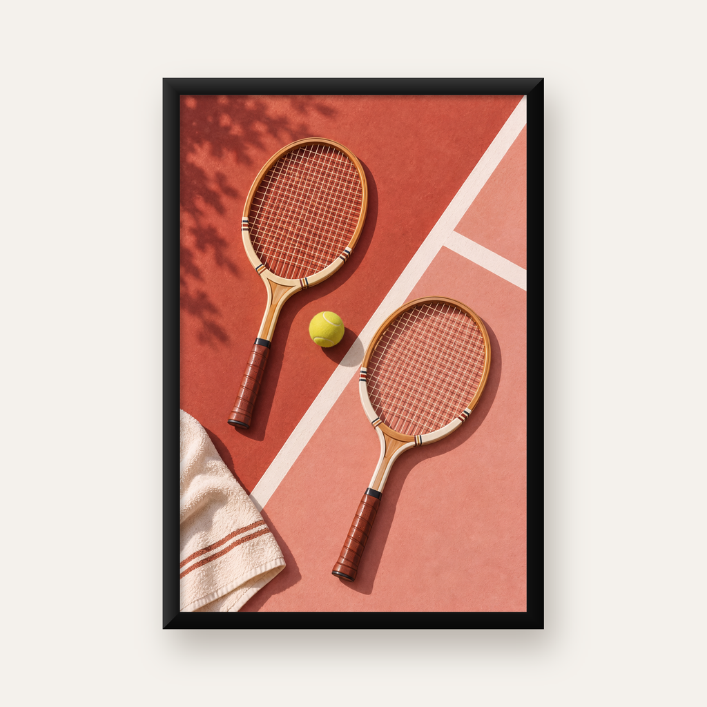 Klasik Tenis Ruhu: Ahşap Raketli Minimalist Spor Posteri — düz siyah çerçeveli duvar posteri
