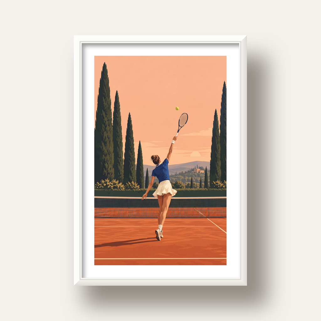 Tenis Kortunda Servis Atan Kadın Poster – Modern Pastel Duvar Sanatı — beyaz derin çerçeveli paspartulu