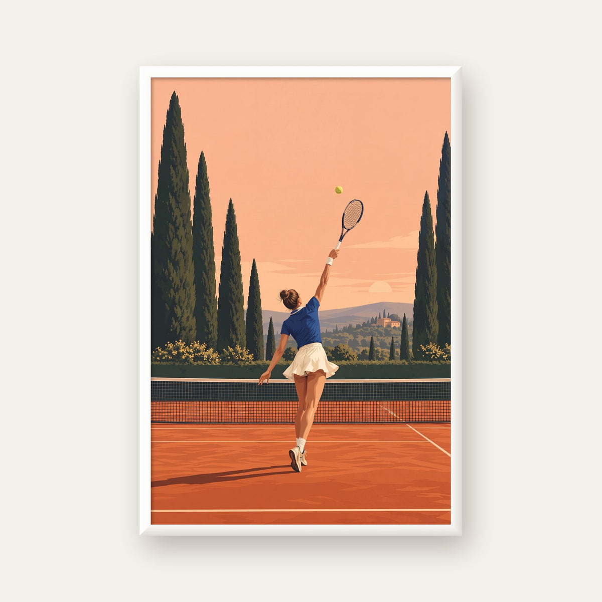 Tenis Kortunda Servis Atan Kadın Poster – Modern Pastel Duvar Sanatı — beyaz çerçeveli dikey poster
