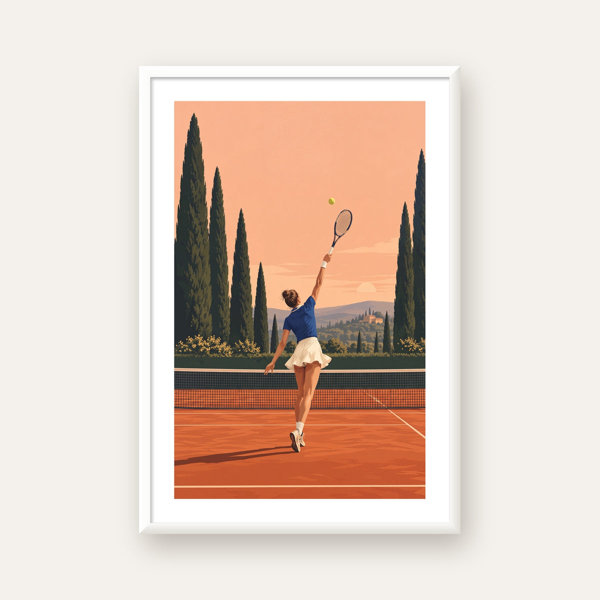 Tenis Kortunda Servis Atan Kadın Poster – Modern Pastel Duvar Sanatı — beyaz çerçeveli dikey poster