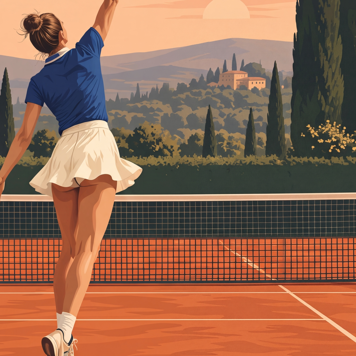 Tenis Kortunda Servis Atan Kadın Poster – Modern Pastel Duvar Sanatı — baskının yakın çekimi, kâğıt dokusu ve renk detayı