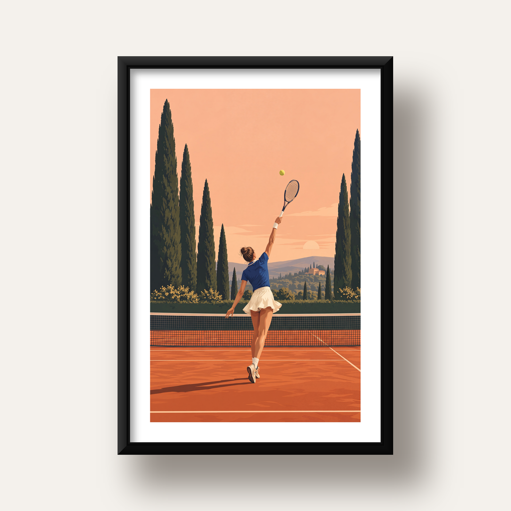 Tenis Kortunda Servis Atan Kadın Poster – Modern Pastel Duvar Sanatı — siyah derin çerçeveli paspartulu
