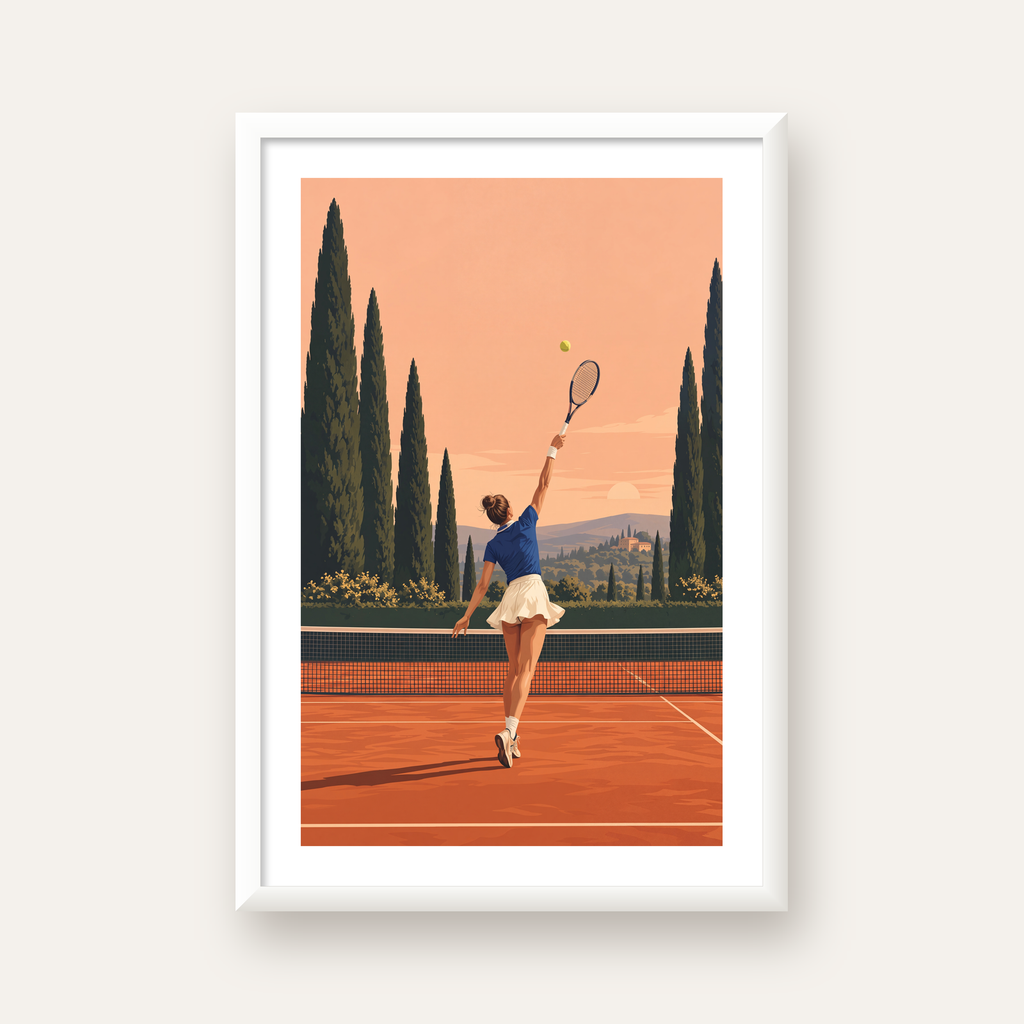 Tenis Kortunda Servis Atan Kadın Poster – Modern Pastel Duvar Sanatı — beyaz çerçeveli dikey poster
