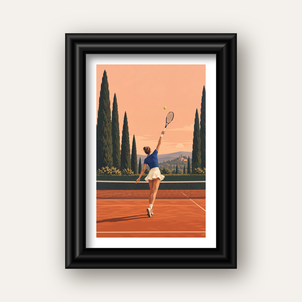Tenis Kortunda Servis Atan Kadın Poster – Modern Pastel Duvar Sanatı — siyah galeri çerçeveli paspartulu