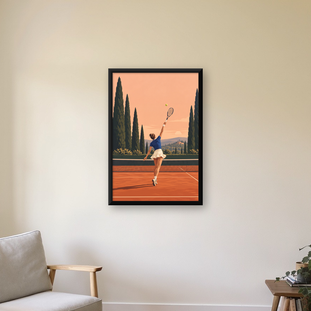 Tenis Kortunda Servis Atan Kadın Poster – Modern Pastel Duvar Sanatı — çerçeveli hâliyle bir ev duvarında