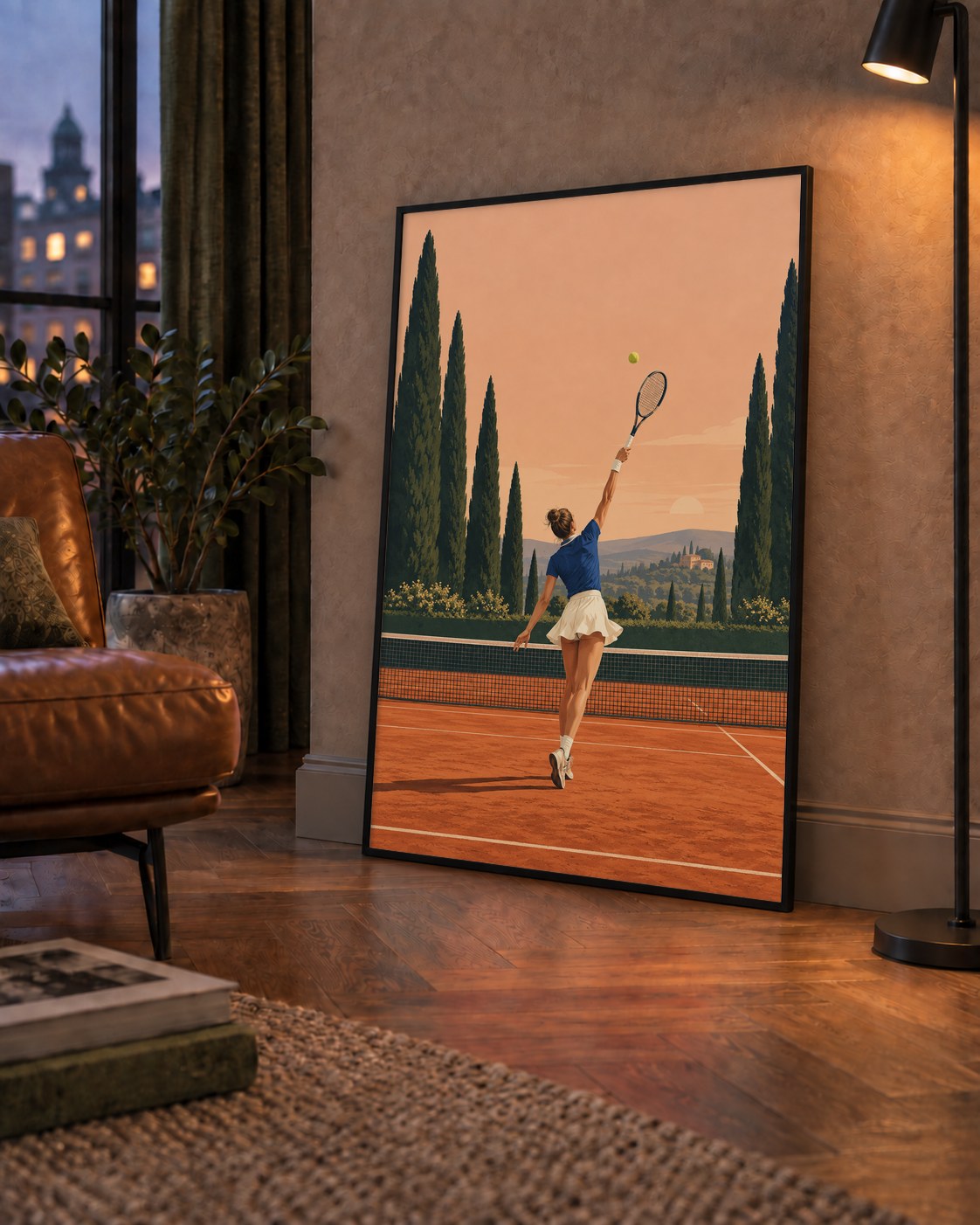 Tenis Kortunda Servis Atan Kadın Poster – Modern Pastel Duvar Sanatı — çerçeveli hâliyle bir ev duvarında