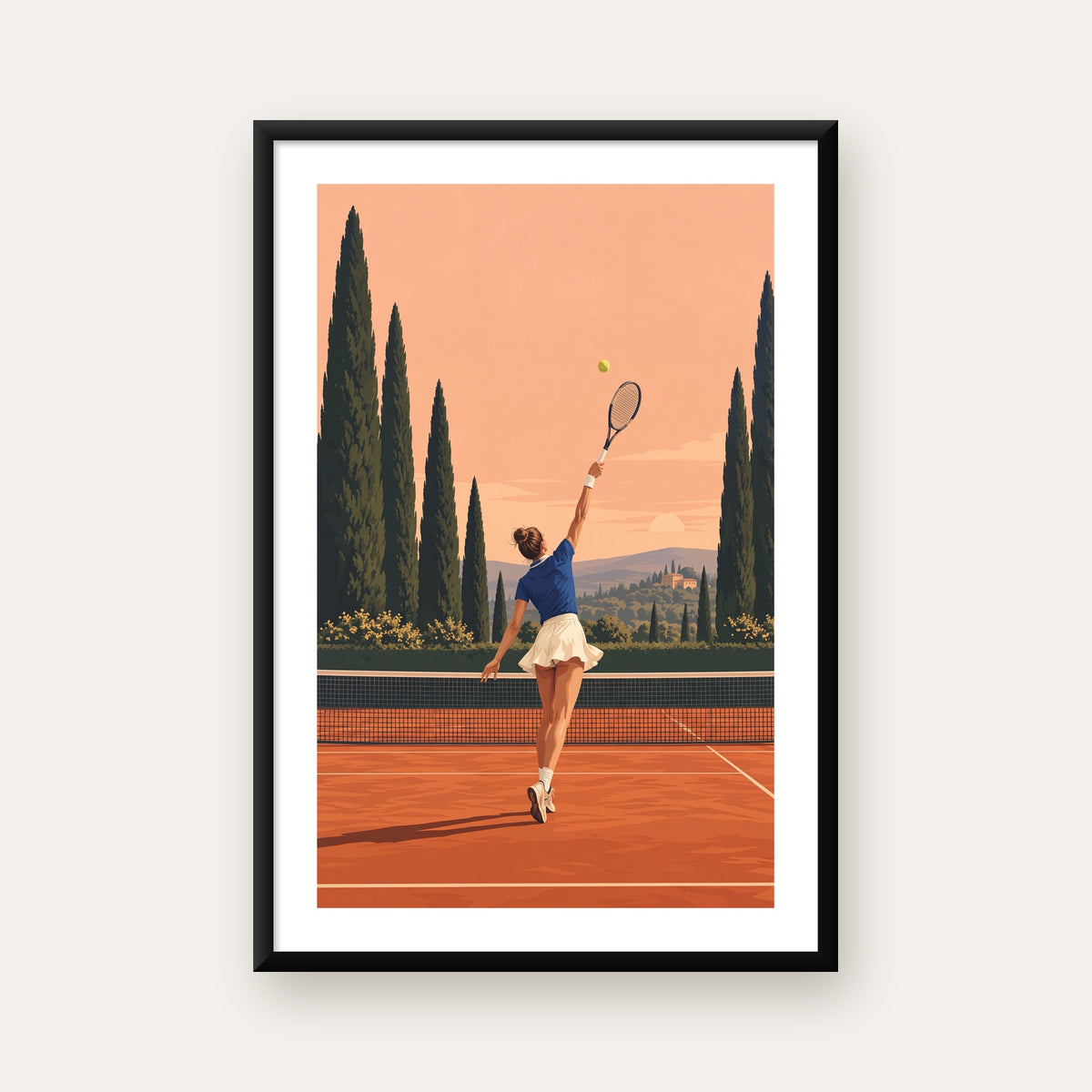 Tenis Kortunda Servis Atan Kadın Poster – Modern Pastel Duvar Sanatı — beyaz paspartulu, düz siyah çerçeveli