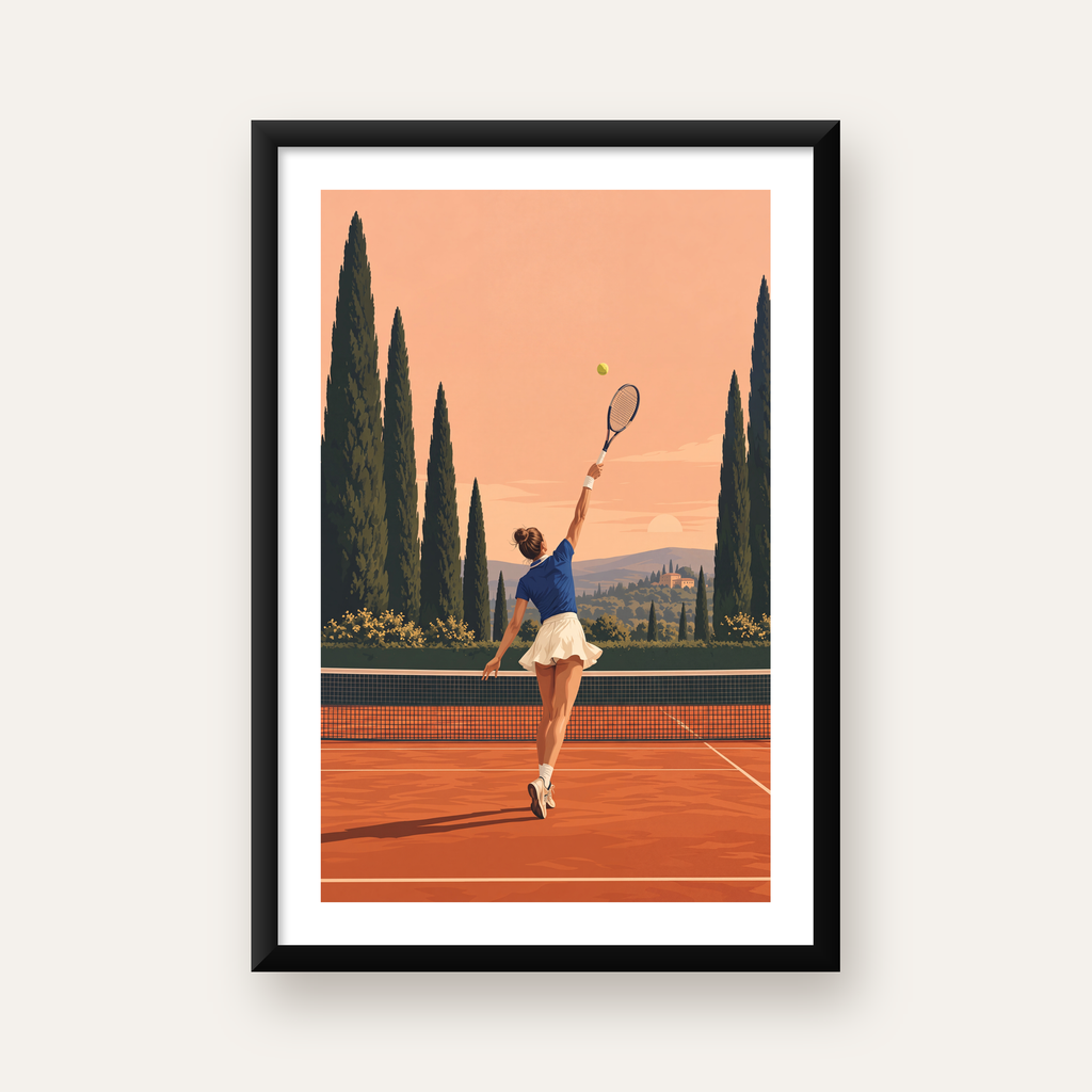 Tenis Kortunda Servis Atan Kadın Poster – Modern Pastel Duvar Sanatı — beyaz paspartulu, düz siyah çerçeveli