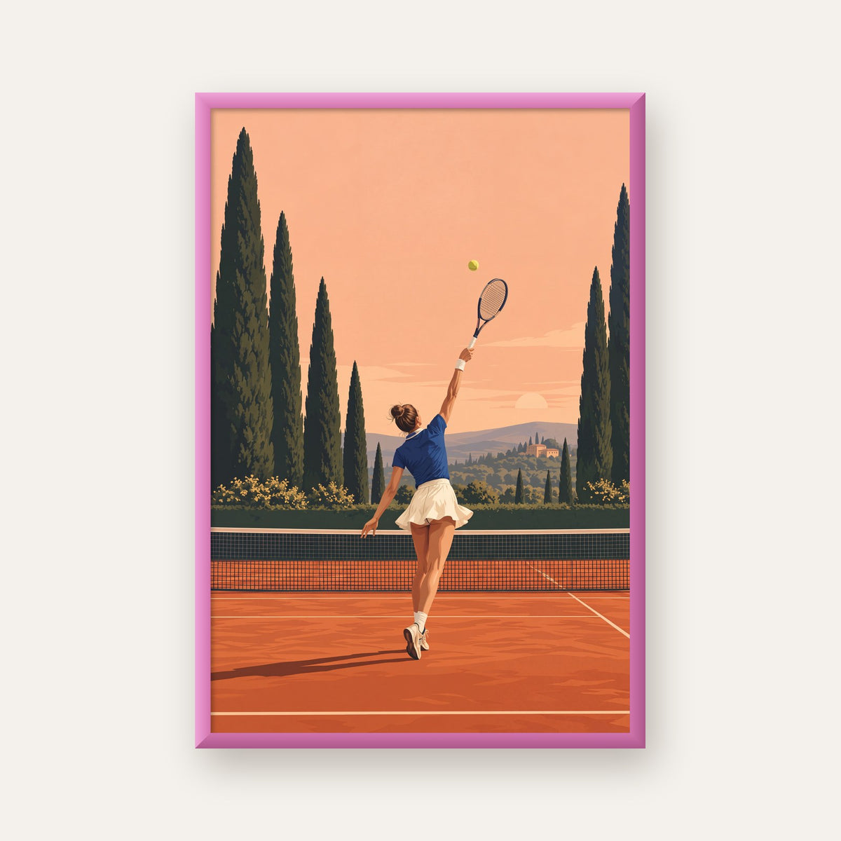 Tenis Kortunda Servis Atan Kadın Poster – Modern Pastel Duvar Sanatı — pembe çerçeveli