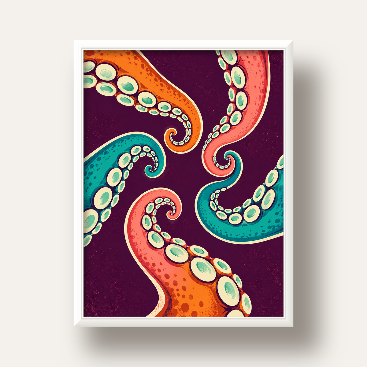 Renkli Ahtapot Kolları Dijital Poster – Modern Duvar Sanatı — beyaz derin çerçeveli