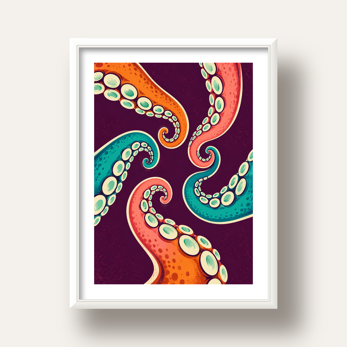 Renkli Ahtapot Kolları Dijital Poster – Modern Duvar Sanatı — beyaz derin çerçeveli paspartulu