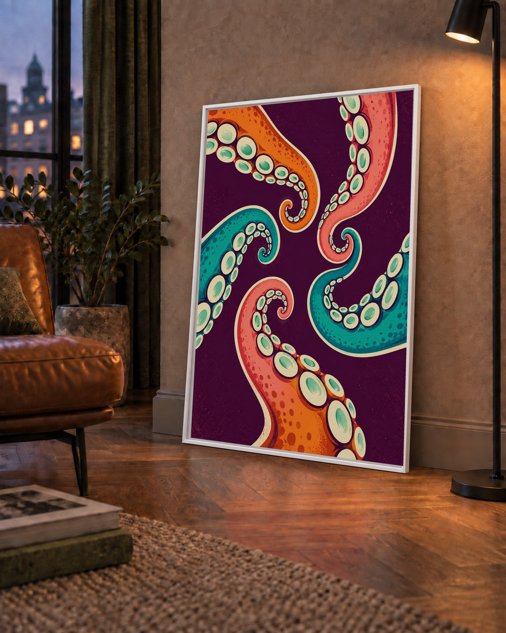 Renkli Ahtapot Kolları Dijital Poster – Modern Duvar Sanatı — çerçeveli hâliyle bir ev duvarında
