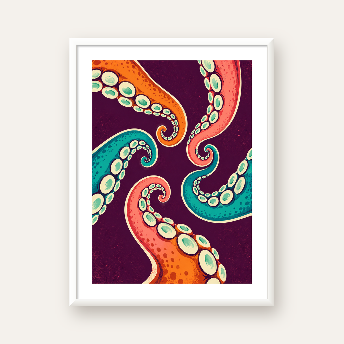 Renkli Ahtapot Kolları Dijital Poster – Modern Duvar Sanatı — beyaz çerçeveli dikey poster
