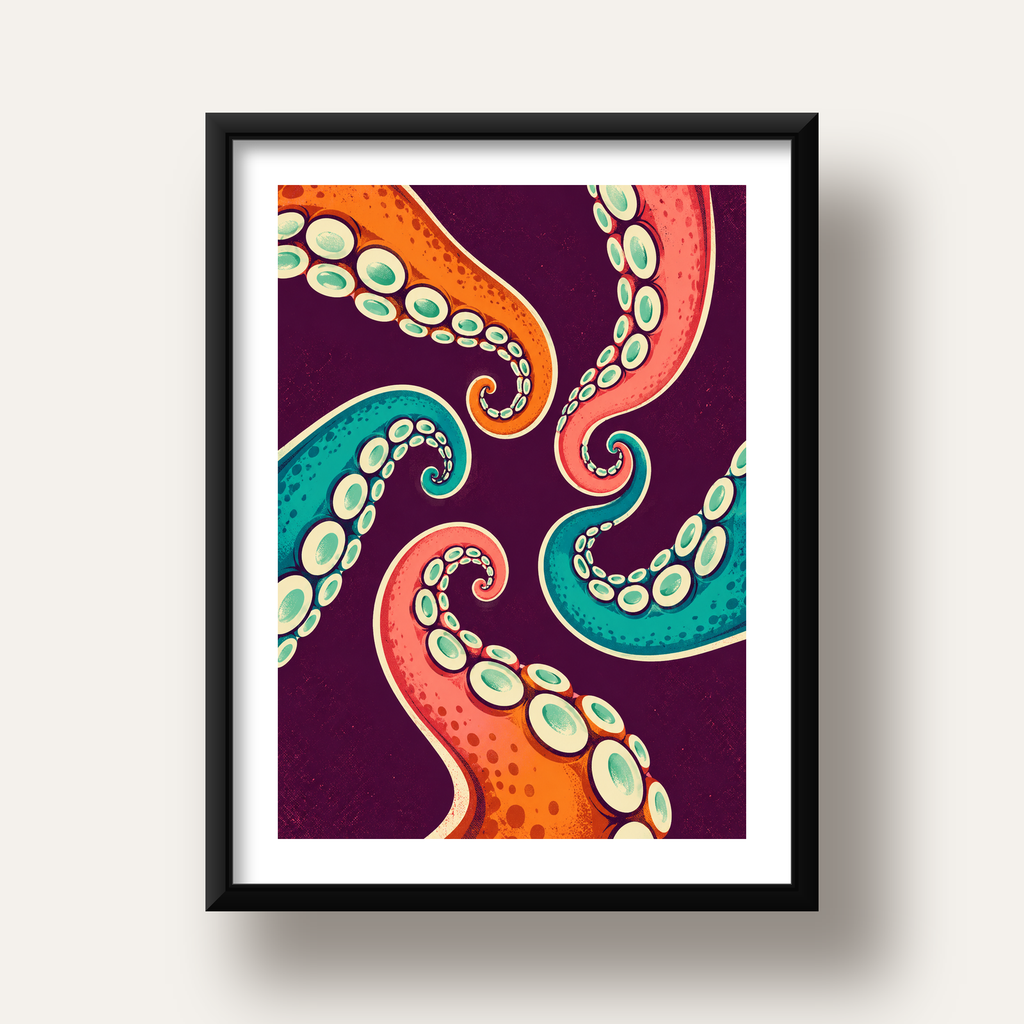 Renkli Ahtapot Kolları Dijital Poster – Modern Duvar Sanatı — siyah derin çerçeveli paspartulu
