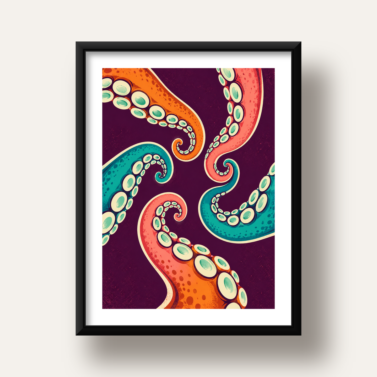 Renkli Ahtapot Kolları Dijital Poster – Modern Duvar Sanatı — siyah derin çerçeveli paspartulu