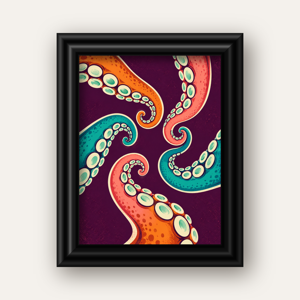 Renkli Ahtapot Kolları Dijital Poster – Modern Duvar Sanatı — siyah galeri çerçeveli