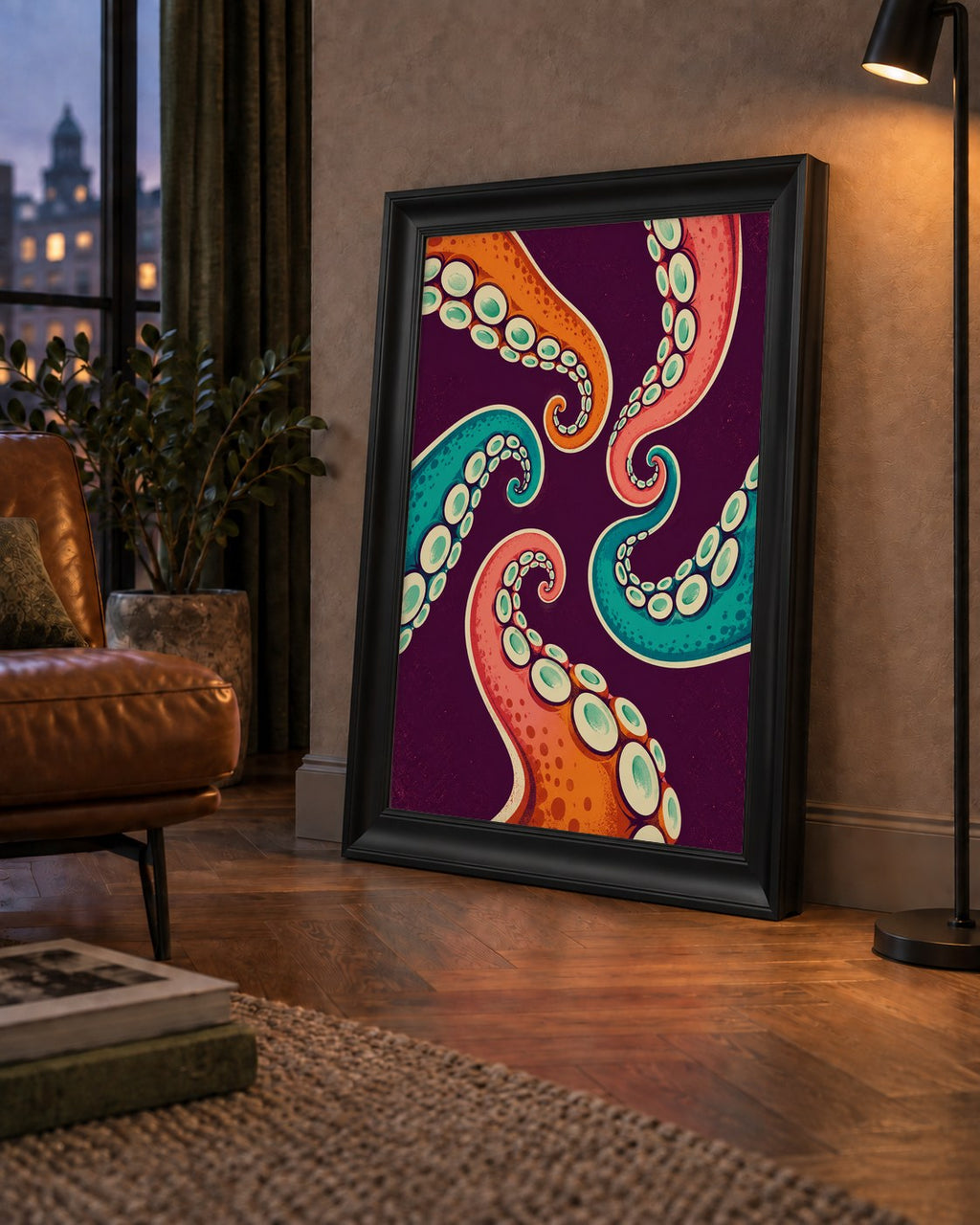 Renkli Ahtapot Kolları Dijital Poster – Modern Duvar Sanatı — çerçeveli hâliyle bir ev duvarında