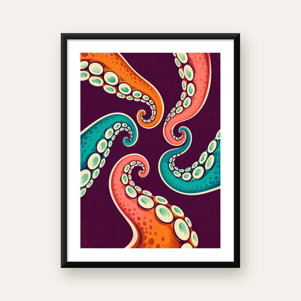 Renkli Ahtapot Kolları Dijital Poster – Modern Duvar Sanatı — Dikey baskı, beyaz paspartulu
