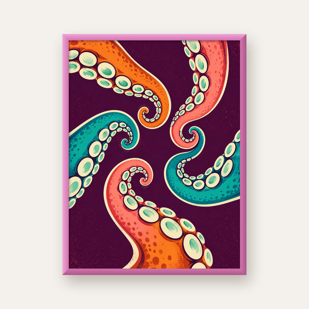 Renkli Ahtapot Kolları Dijital Poster – Modern Duvar Sanatı — pembe çerçeveli