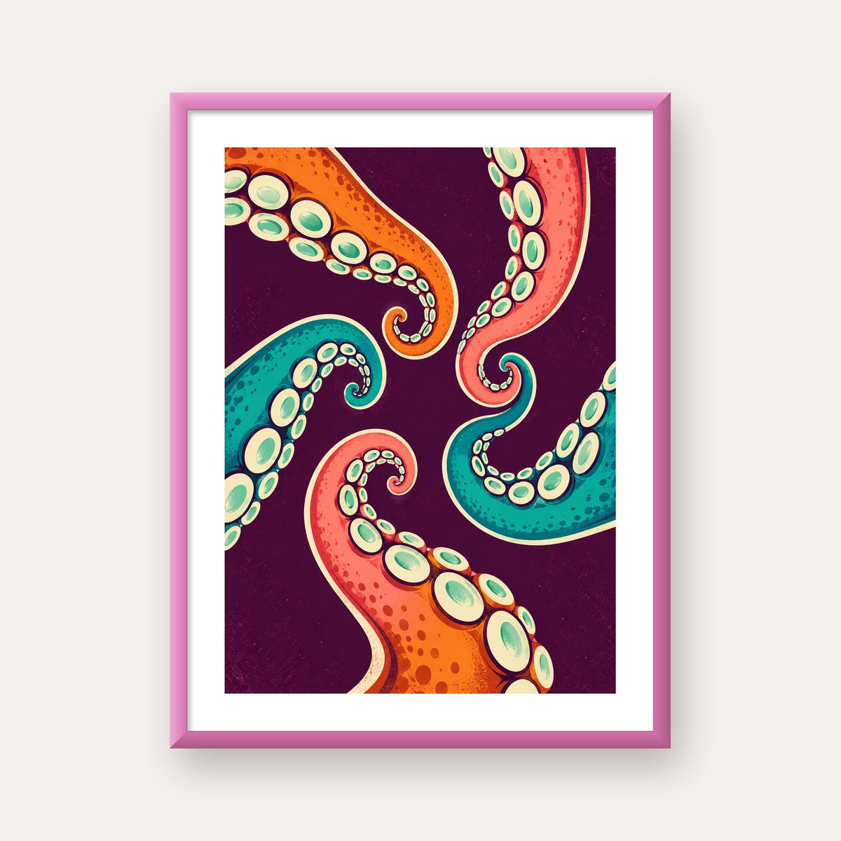 Renkli Ahtapot Kolları Dijital Poster – Modern Duvar Sanatı — pembe çerçeveli paspartulu