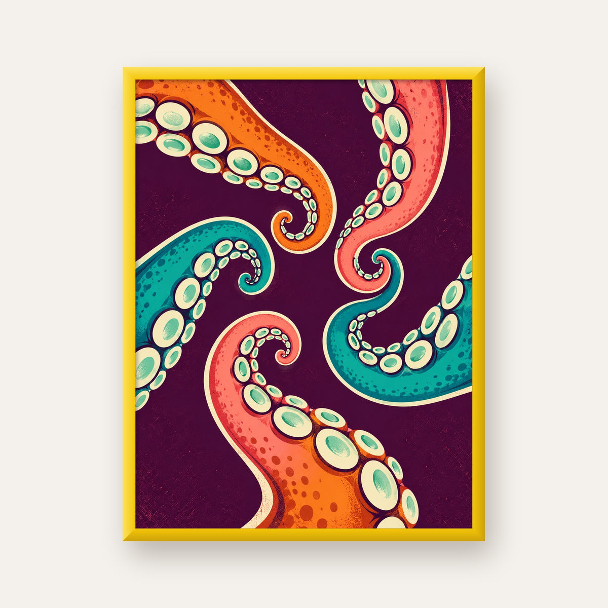 Renkli Ahtapot Kolları Dijital Poster – Modern Duvar Sanatı — sarı çerçeveli